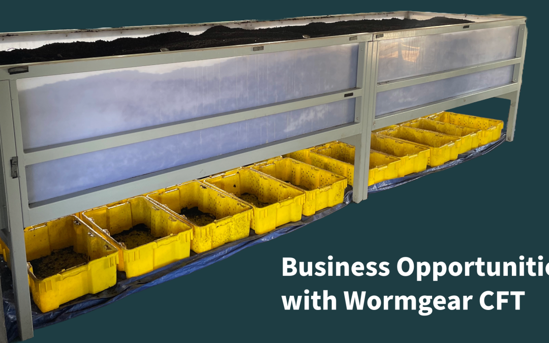 Wormgear continuous flow-through (CFT) composting system with yellow collection bins underneath, highlighted by the text 'Business Opportunities with Wormgear CFT', indicating a professional and efficient solution for compost production.