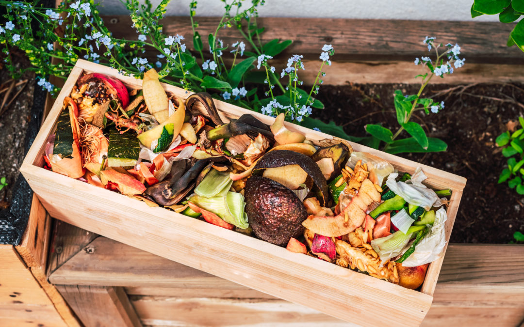 A wooden crate filled with colorful organic waste, including fruit peels and vegetable scraps, placed in a garden setting for composting, highlighting sustainable waste management practices.