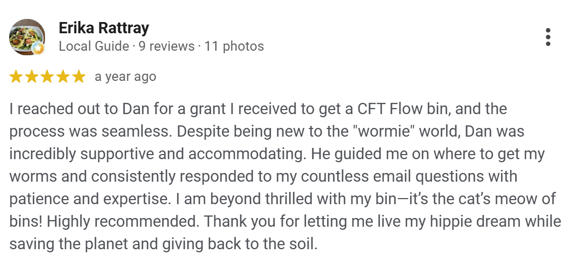This is a screenshot of a google review from Erika Rattray. She talks about her experience with Wormgear and how Dan helped her.